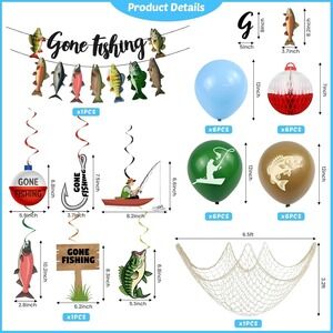Fishing Birthday Party Decorations, Gone Fishing Themed Banner Fish Net Decor Ga